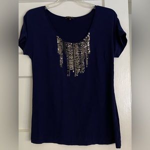 Massimo Dutti Navy Blue Sequin Beaded Silk Cotton Short Sleeve T Shirt Top Small